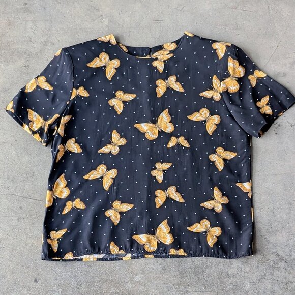 Vintage Norton McNaughton Petite Black Yellow Butterfly Blouse size 8 - Picture 2 of 8
